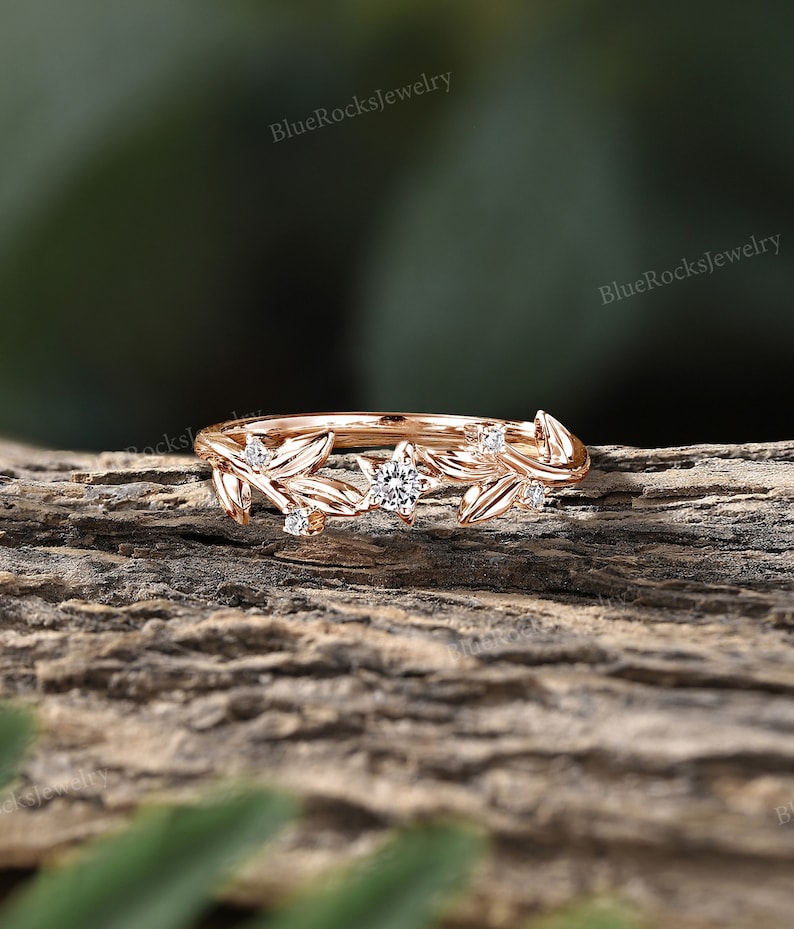2pcs Nature Inspired Couple Rings Set Sterling Silver Moissanite Wedding Ring Leaf Shape Handmade Band Promise Rings For Men And Women image 4