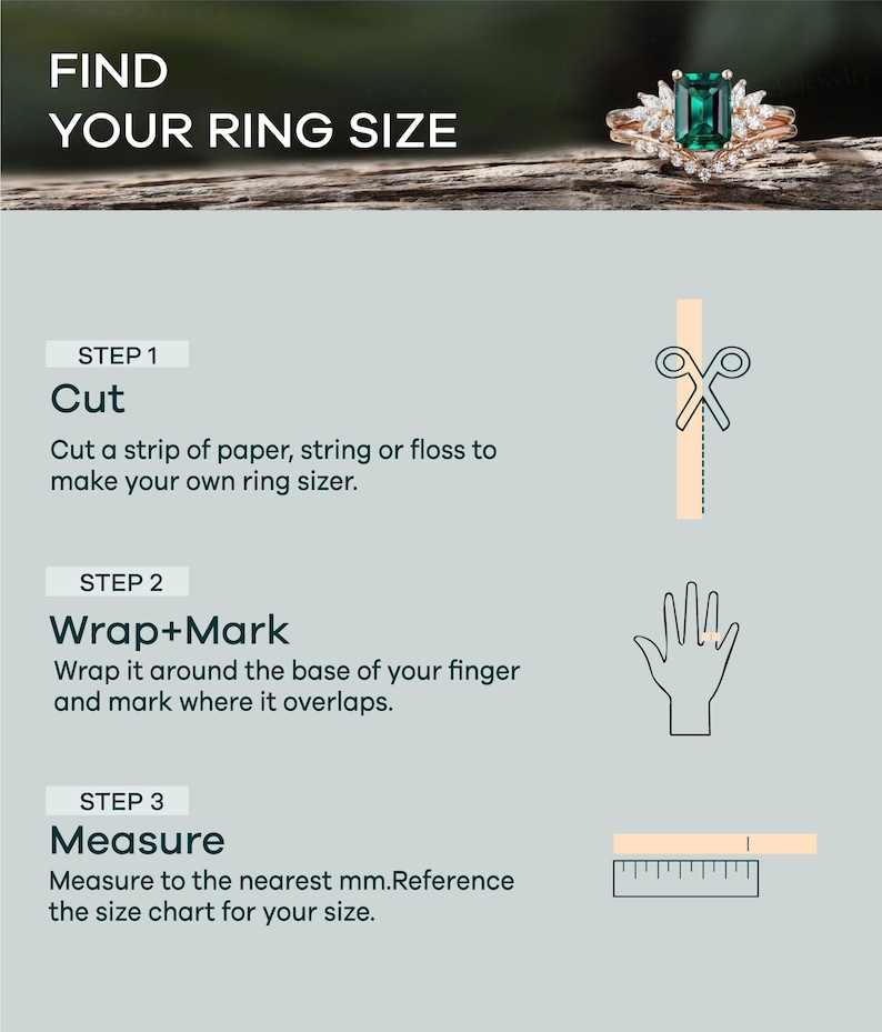 Puede incluir: Un gr&aacute;fico instructivo titulado FIND YOUR RING SIZE que muestra un anillo de oro con una piedra verde. Describe tres pasos: cortar una tira de papel, envolver y marcar la tira alrededor de un dedo, y medir la longitud en mil&iacute;metros.