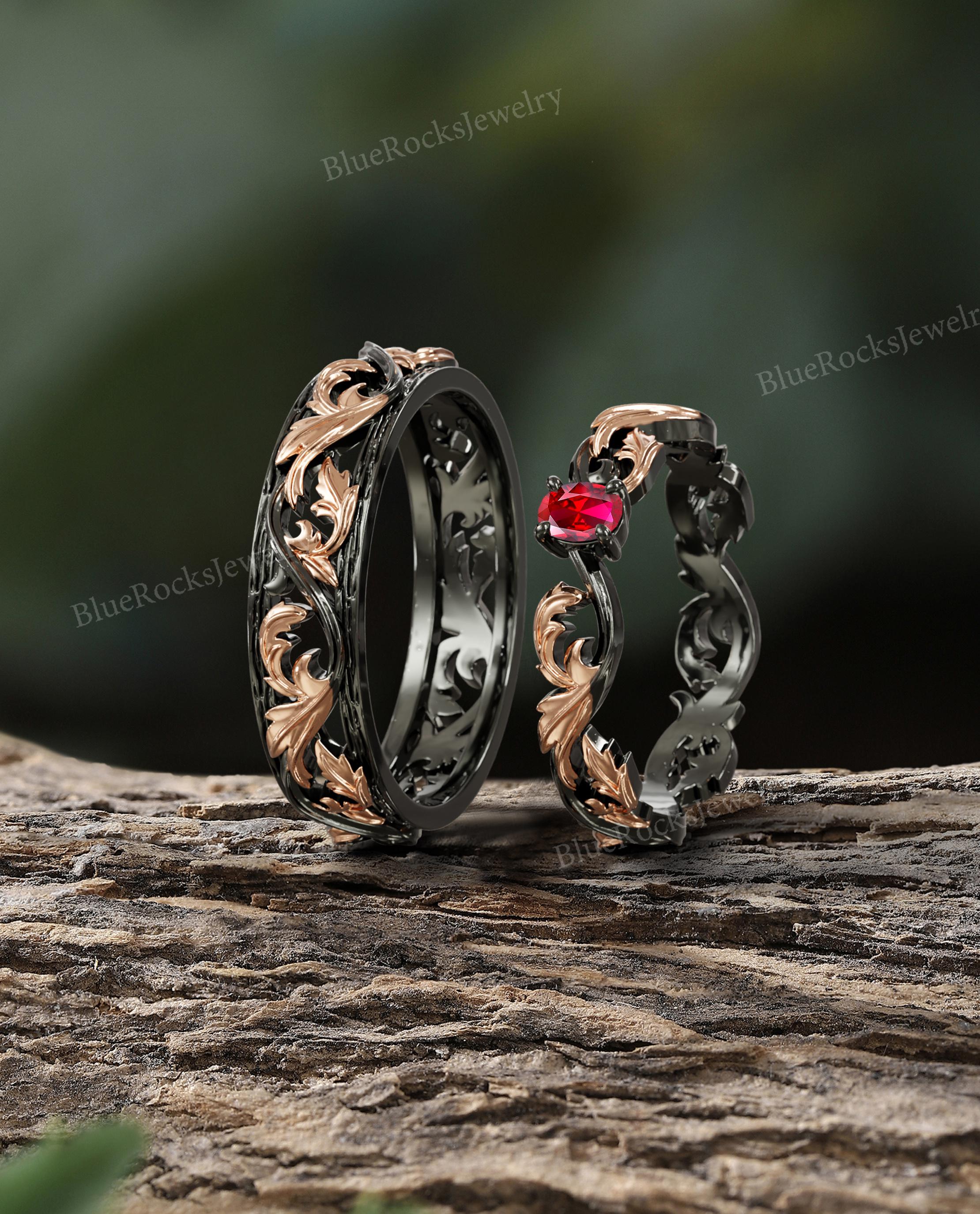 Two Tones Couple Rings Set,gothic Matching Wedding Band,nature Inspired ...