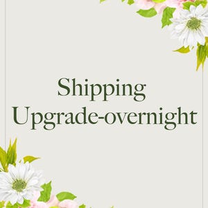Puede incluir: Un letrero rectangular con fondo beige claro y un borde oscuro fino. El texto "Shipping Upgrade-overnight" está impreso en verde oscuro en el centro. Las esquinas superior derecha e inferior izquierda presentan arreglos florales de rosas.