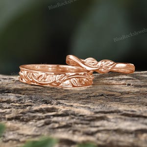 Nature-Inspired Leaf Wedding Ring Set,Rose Gold Matching Bands for Couples,Unique Anniversary Promise Rings,Handmade His and Hers Rings