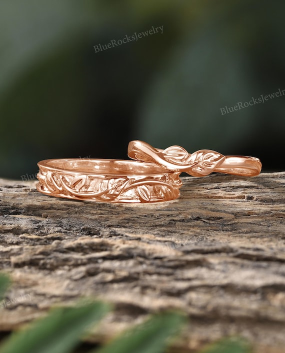 Nature-inspired Leaf Wedding Ring Set,rose Gold Matching Bands for