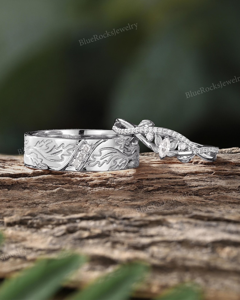 Conjunto de anéis de casal em moissanita inspirados na natureza, alianças de casamento vintage em ouro rosa com gravação de folhas, para ele e para ela, presente de aniversário. imagem 5