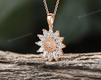 Moissanite Sunflower Pendant Necklace,yellow Gold Necklace