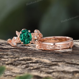Emerald Couples Ring Set,Nature Inspired Leaf Design Emerald Ring,His and Hers Wedding Bands,Couple Promise Matching Ring,Anniversary Gift