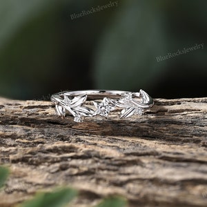 2pcs Nature Inspired Couple Rings Set Sterling Silver Moissanite Wedding Ring Leaf Shape Handmade Band Promise Rings For Men And Women Women's Band
