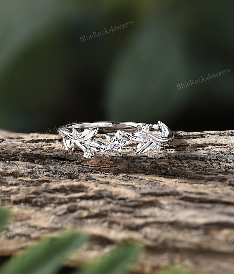 2pcs Nature Inspired Couple Rings Set Sterling Silver Moissanite Wedding Ring Leaf Shape Handmade Band Promise Rings For Men And Women Women's Band