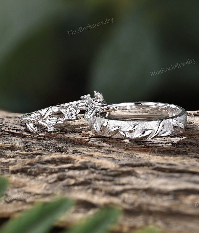 2pcs Nature Inspired Couple Rings Set Sterling Silver Moissanite Wedding Ring Leaf Shape Handmade Band Promise Rings For Men And Women Couples' Bands
