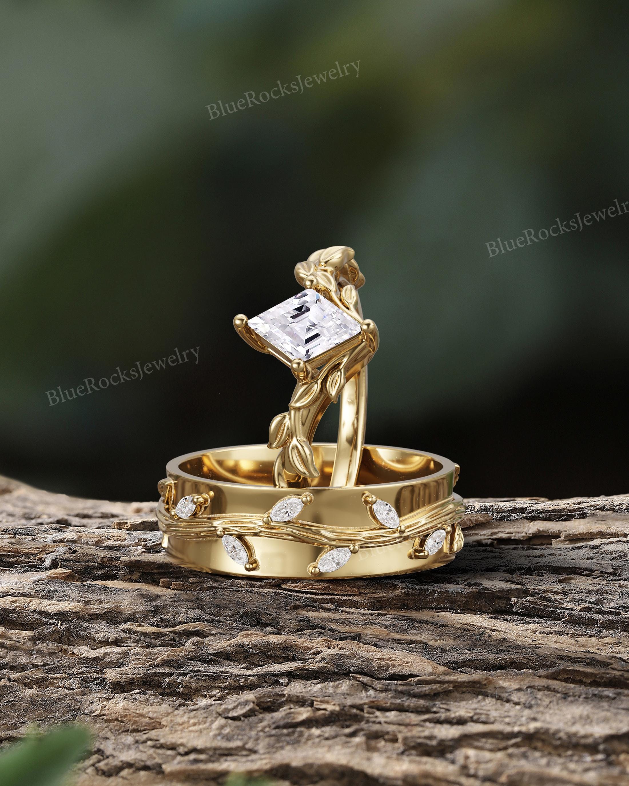 Nature Inspired Leaf Moissanite Couples Ring Set,yellow Gold