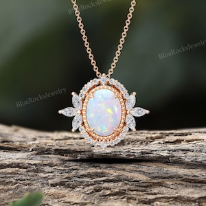 14K Gold Opal Necklace,Vintage Milgrain Rose Gold Moissanite Halo Pendant,Art Deco Floral Wedding Anniversary Promise Necklace Jewelry Gift