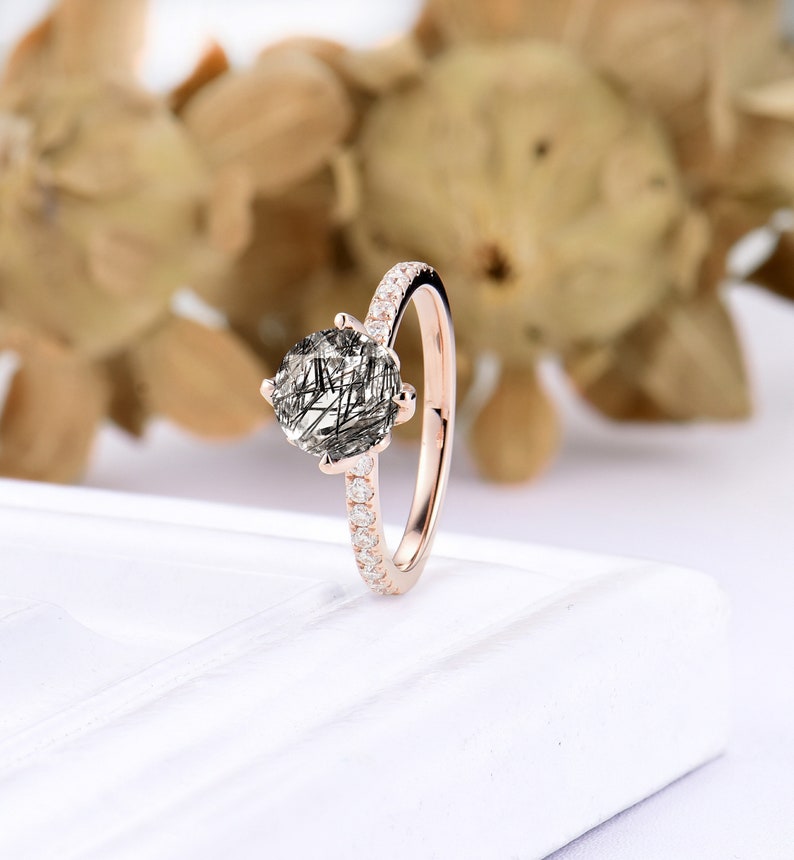 rose gold pave band Wedding ring prong ring bridal stacking ring anniversary ring Vintage Round Black Rutilated Quartz Engagement Ring
