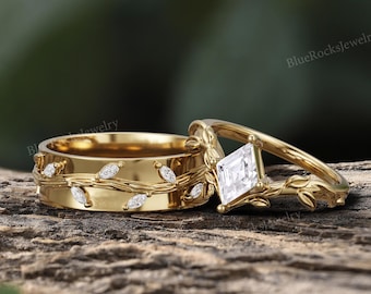 Nature Inspired Leaf Moissanite Couples Ring Set,yellow Gold