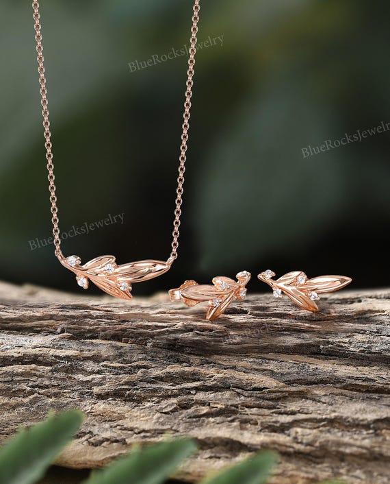 Rose Gold Leaf Jewelry Set,Moissanite Necklace and Stud Earrings,Nature Inspired Wedding Jewelry,Anniversary Gift,Dainty Everyday Jewelry