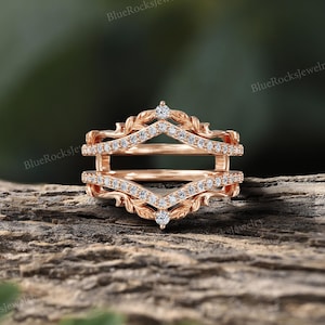 Vintage Moissanite Leaf Curved Wedding Band,Nature Inspired Rose Gold Moissanite Ring,Enhancer Custom Promise Anniversary Rings For Women