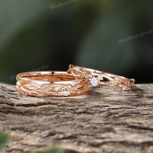 Nature Inspired Twig Leaf Couple Ring Set,Unique Rose Gold His and Her Band Set,Moissanite Couple Wedding Ring,Promise Ring,Anniversary Gift