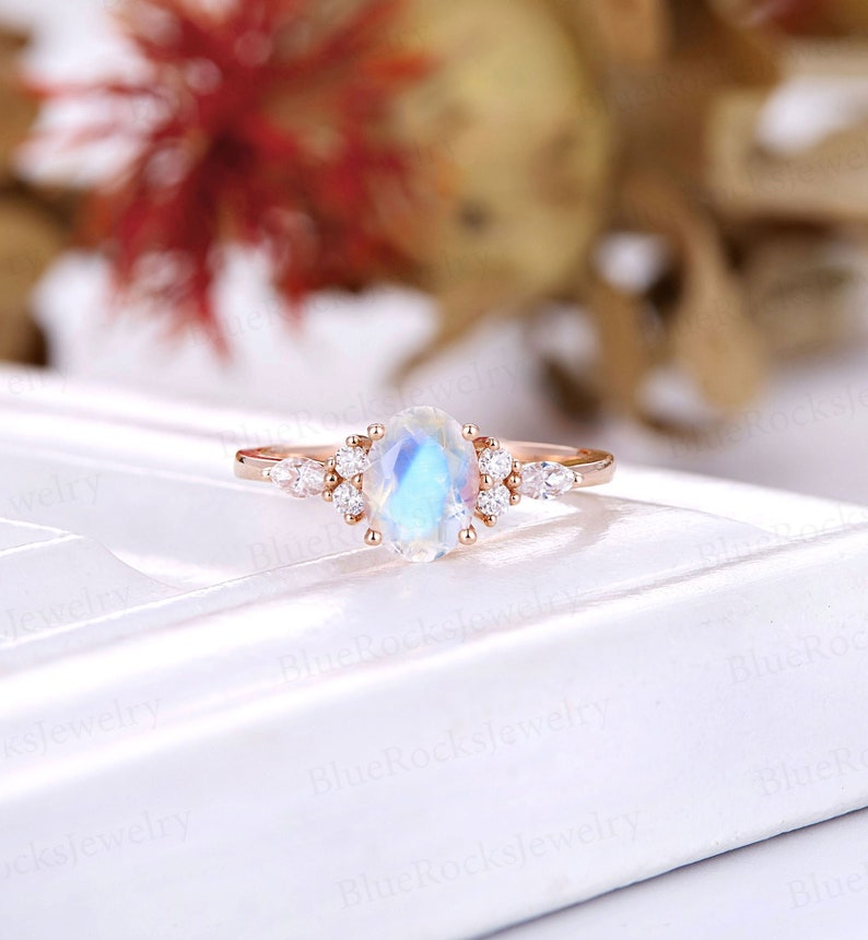 Vintage Moonstone Engagement Ring art deco wedding ring oval cut ring Rose Gold moissanite Prong set Wedding ring Anniversary Promise ring 