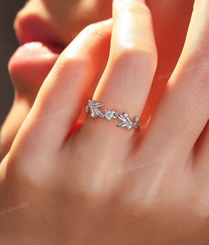 2pcs Nature Inspired Couple Rings Set Sterling Silver Moissanite Wedding Ring Leaf Shape Handmade Band Promise Rings For Men And Women image 2