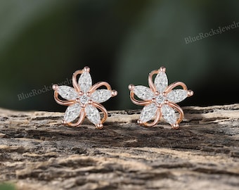 Nature Inspired Moissanite Stud Earrings,Unique Rose Gold Flower Daily Wear Earrings,Anniversary Gift