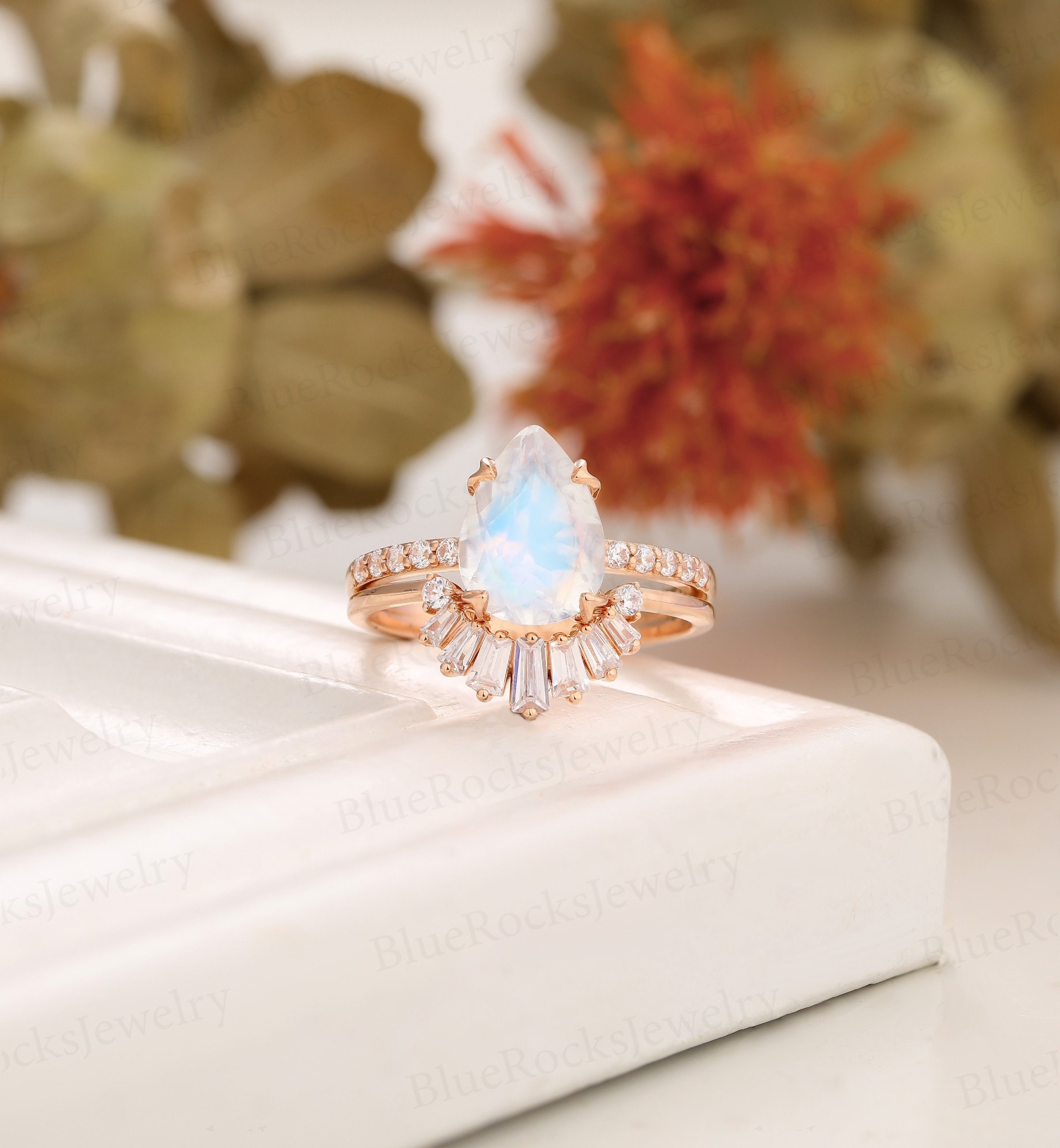 Pear Shaped Moonstone Engagement Ring Set Rose Gold Prong Set | Etsy