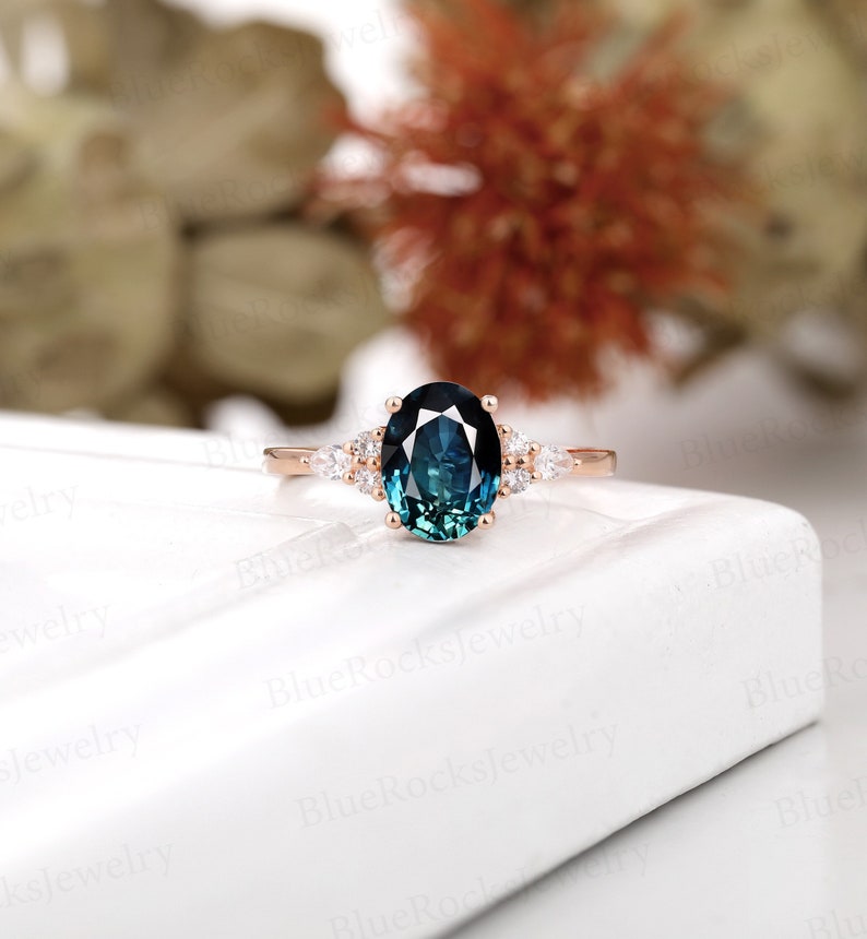 Vintage Oval shaped teal sapphire engagement ring,Rose gold prong set wedding ring, green blue sapphire ring bridal ring, anniversary ring image 1