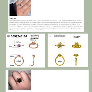 Puede incluir: Una colecci&oacute;n de pruebas de dise&ntilde;o CAD y fotos de clientes con dos anillos. Un anillo tiene una piedra central morada con piedras laterales, y el otro tiene una piedra ovalada oscura. Los diagramas t&eacute;cnicos muestran dimensiones en mm y tallas US.