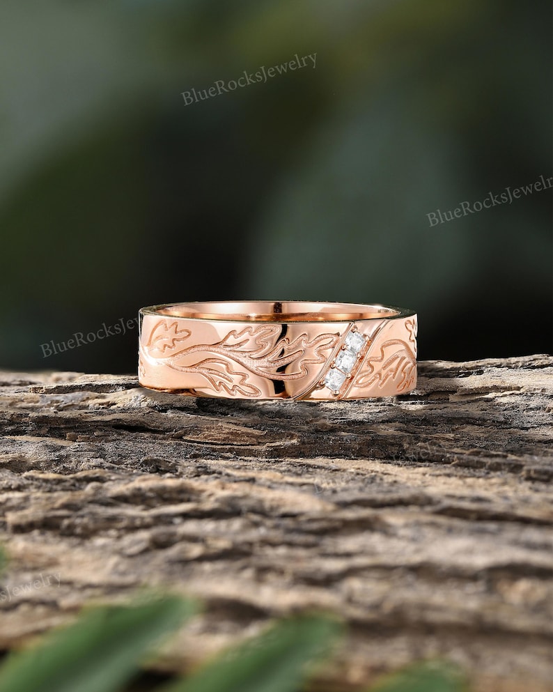 Conjunto de anéis de casal em moissanita inspirados na natureza, alianças de casamento vintage em ouro rosa com gravação de folhas, para ele e para ela, presente de aniversário. imagem 7