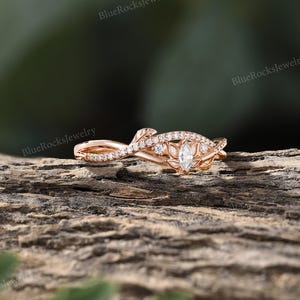 Conjunto de anéis de casal em moissanita inspirados na natureza, alianças de casamento vintage em ouro rosa com gravação de folhas, para ele e para ela, presente de aniversário. Women's Band
