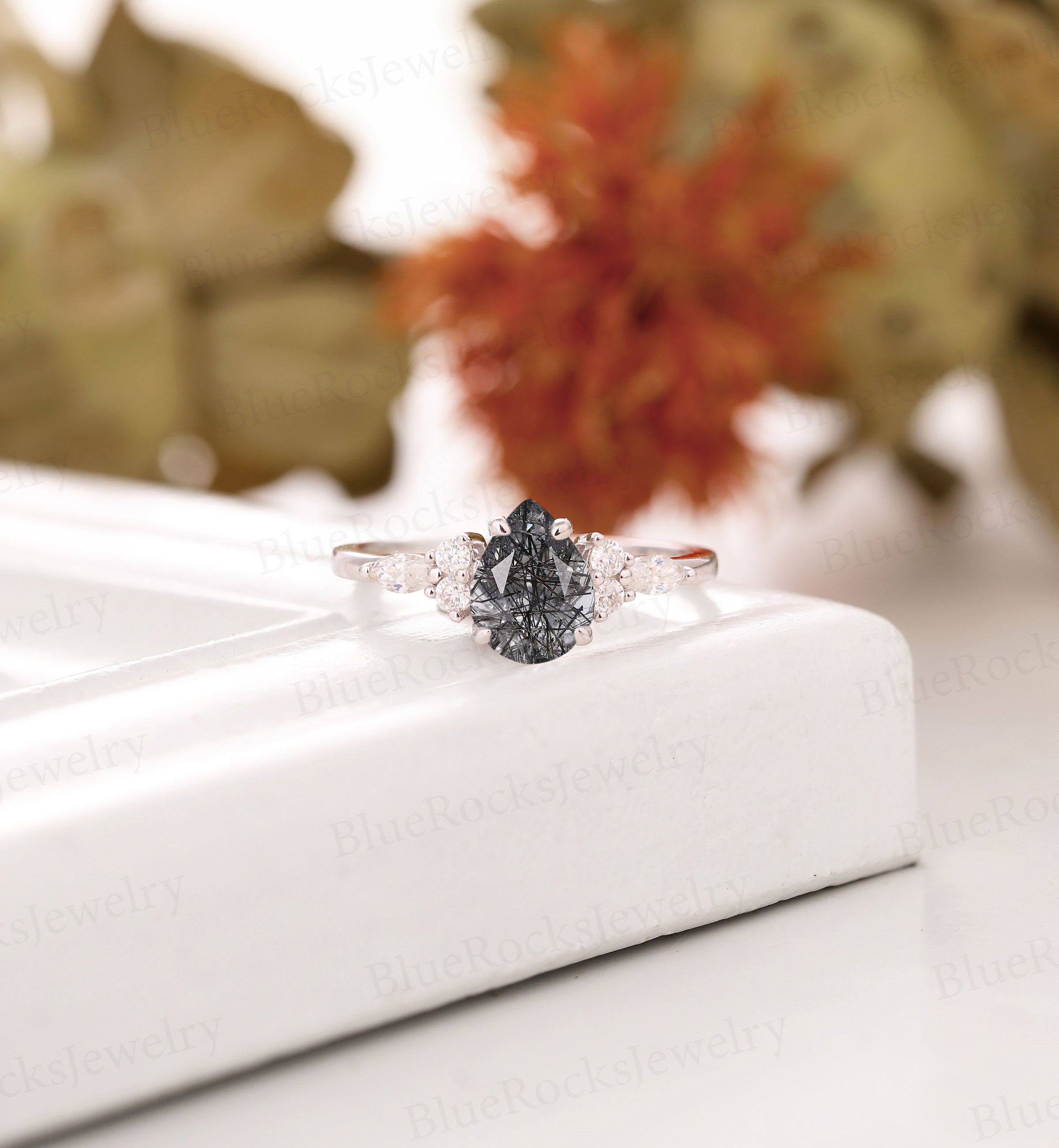 Vintage Black Rutilated Quartz Engagement Ring art deco pear shaped r…