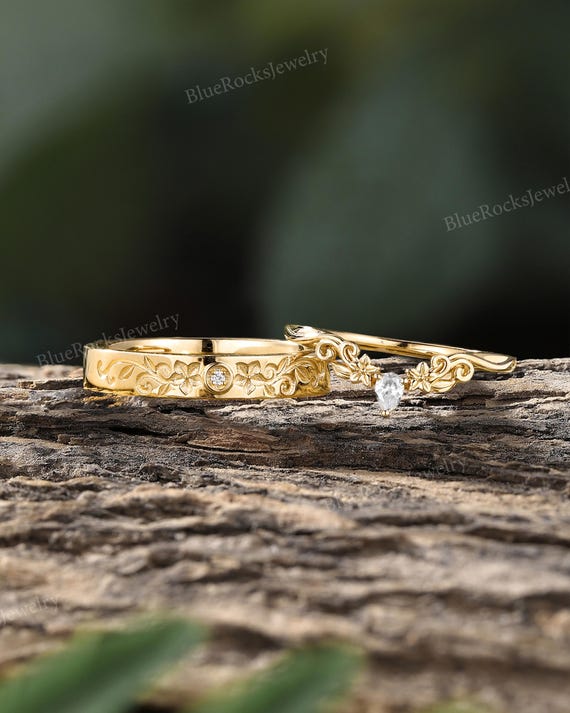 Nature Inspired Flower Moissanite Couple Rings Set,Rose Gold Matching Wedding Bands,Promise Rings