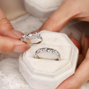 2pcs Nature Inspired Couple Rings Set Sterling Silver Moissanite Wedding Ring Leaf Shape Handmade Band Promise Rings For Men And Women image 10