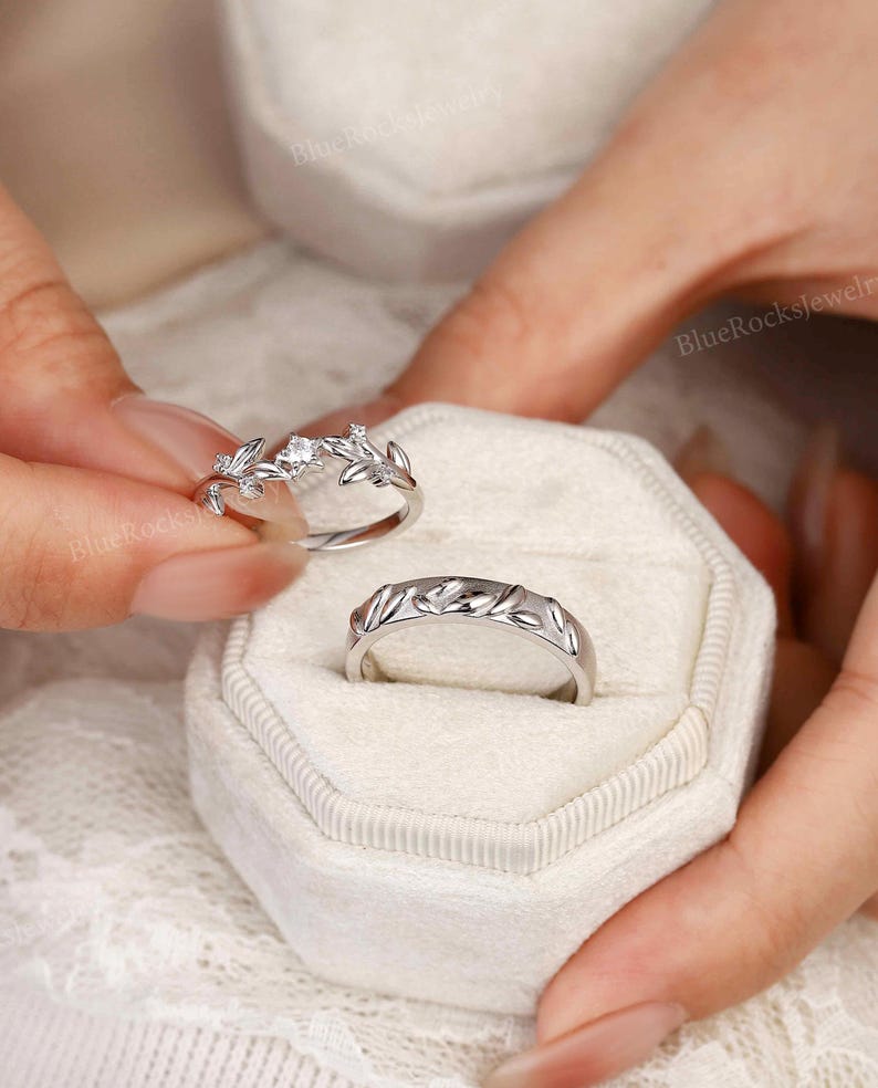 2pcs Nature Inspired Couple Rings Set Sterling Silver Moissanite Wedding Ring Leaf Shape Handmade Band Promise Rings For Men And Women image 10