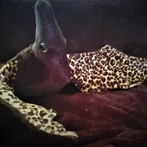 May include: A plush toy shaped like a dark purple eel with a black head and a single eye. The toy's fins and underside feature a leopard print pattern in shades of brown and cream.
