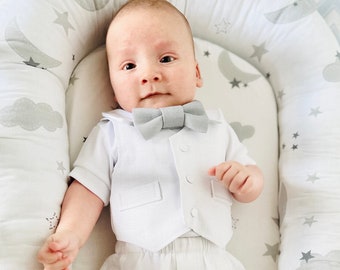 Traje de bautismo de niño para el verano, traje de bautizo de niño de manga corta, traje de bautismo de niño pajarita, trajes de bautizo para niños