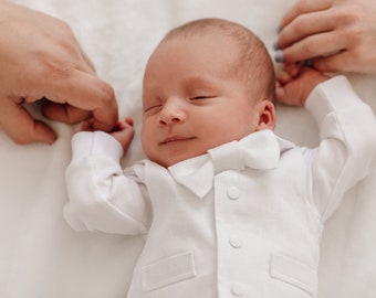 Baby boy baptism outfit long sleeve, baby boy christening outfit white, boy baptism outfit bowtie, christening outfits for boys