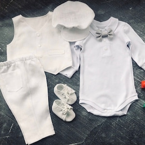 Baby Jungen Taufe Outfit, Baby Jungen Taufe Langarm, Jungen TAUFE OUTFIT WEISS, Taufbekleidung für Jungen, Weiß Leinen