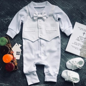 Tenue de baptême bébé garçon à manches longues, tenue de baptême bébé garçon blanc, noeud papillon tenue de baptême garçon, tenues de baptême pour garçons image 1