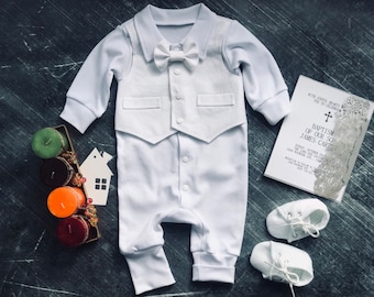 Tenue de baptême bébé garçon à manches longues, tenue de baptême bébé garçon blanc, noeud papillon tenue de baptême garçon, tenues de baptême pour garçons