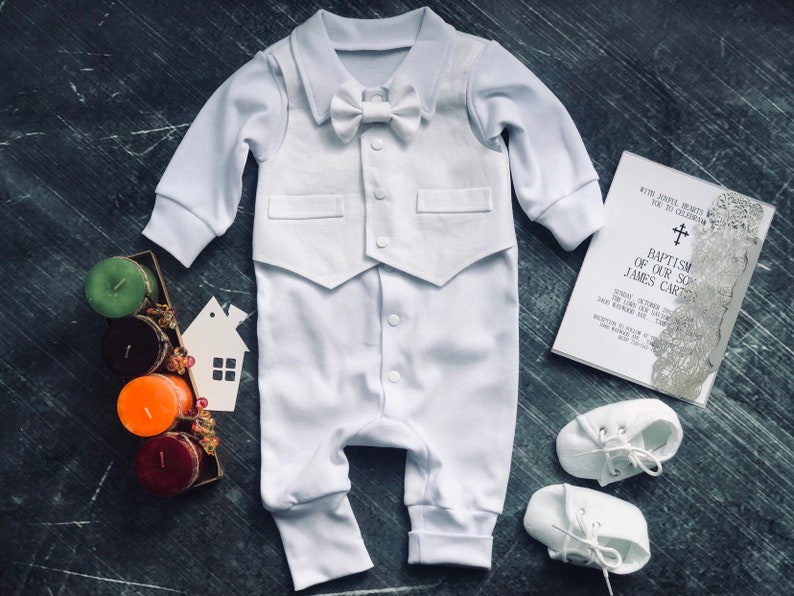 Tenue de baptême bébé garçon à manches longues, tenue de baptême bébé garçon blanc, noeud papillon tenue de baptême garçon, tenues de baptême pour garçons image 1