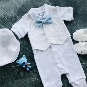 Baby boy baptism outfit SHORT sleeve, baby boy christening outfit BLUE Bowtie, boy baptism outfit white cotton, christening outfits for boys