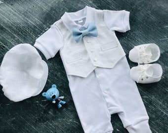 Traje de bautismo de niño manga CORTA, traje de bautizo de niño pajarita AZUL, traje de bautismo de niño algodón blanco, trajes de bautizo para niños