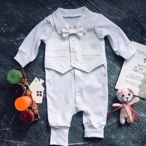 Tenue de baptême bébé garçon à manches longues, tenue de baptême bébé garçon blanc, noeud papillon tenue de baptême garçon, tenues de baptême pour garçons image 3