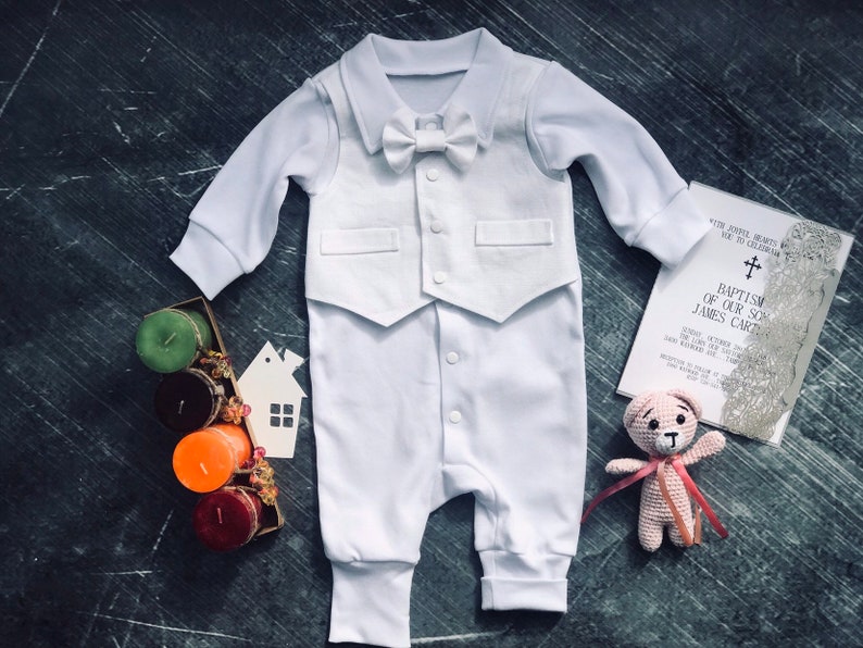 Tenue de baptême bébé garçon à manches longues, tenue de baptême bébé garçon blanc, noeud papillon tenue de baptême garçon, tenues de baptême pour garçons image 3