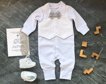 Baby boy baptism outfit long sleeve, baby boy christening outfit white, boy baptism outfit GRay bowtie, christening outfits for boys