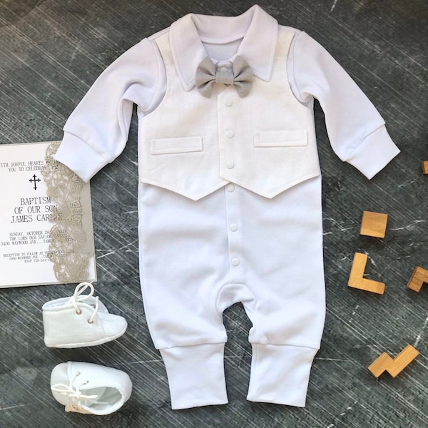 Baby boy baptism outfit long sleeve, baby boy christening outfit white, boy baptism outfit GRay bowtie, christening outfits for boys