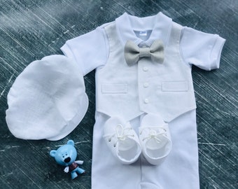 Baby Jungen Tauf Outfit KURZARM, Baby Jungen Tauf Outfit Ganz Weiß Grau Fliege, Taufkleidung für Jungen