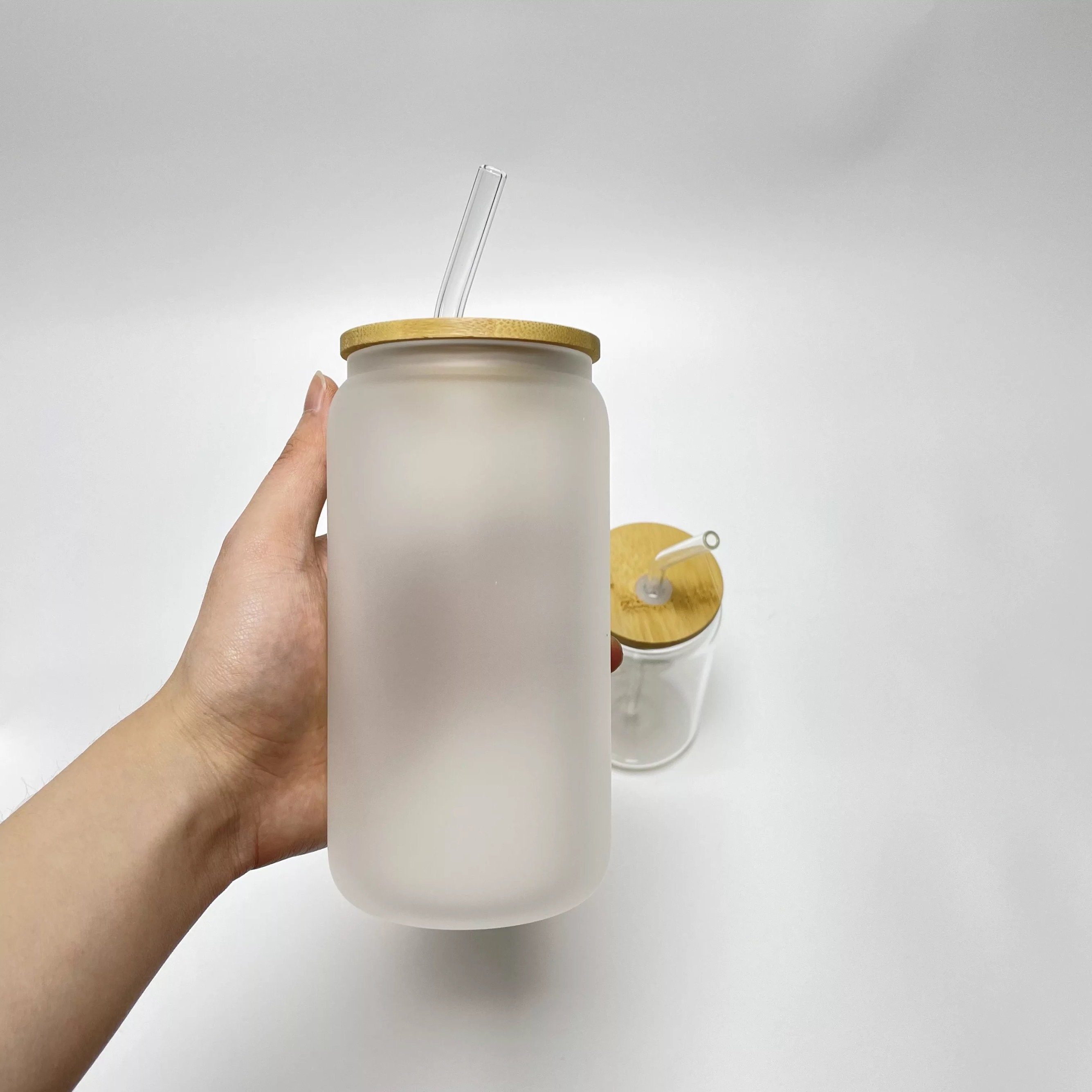 RTS 16oz Sublimation Ready Glass Can tumblers with bamboo lid and plastic  straw, Clear or Frosted, sublimation blank glass can cups