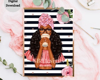 May include: Digital illustration of a woman with dark curly hair wearing a pink turban and glasses, drinking coffee from a paper cup. The background is a black and white striped pattern with gold polka dots.