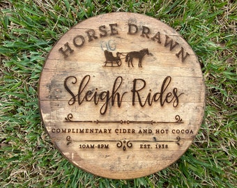 On Sale! Horse Drawn Sleigh Rides Whiskey Barrel Top sign Laser Engraved