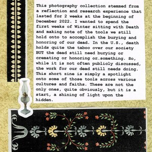 May include: A collage featuring text titled "Project Summary" detailing a photography collection on death. It includes decorative borders, a lamp illustration, and floral patterns in black and white.
