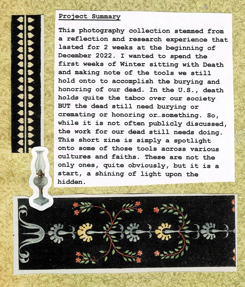 May include: A collage featuring text titled "Project Summary" detailing a photography collection on death. It includes decorative borders, a lamp illustration, and floral patterns in black and white.